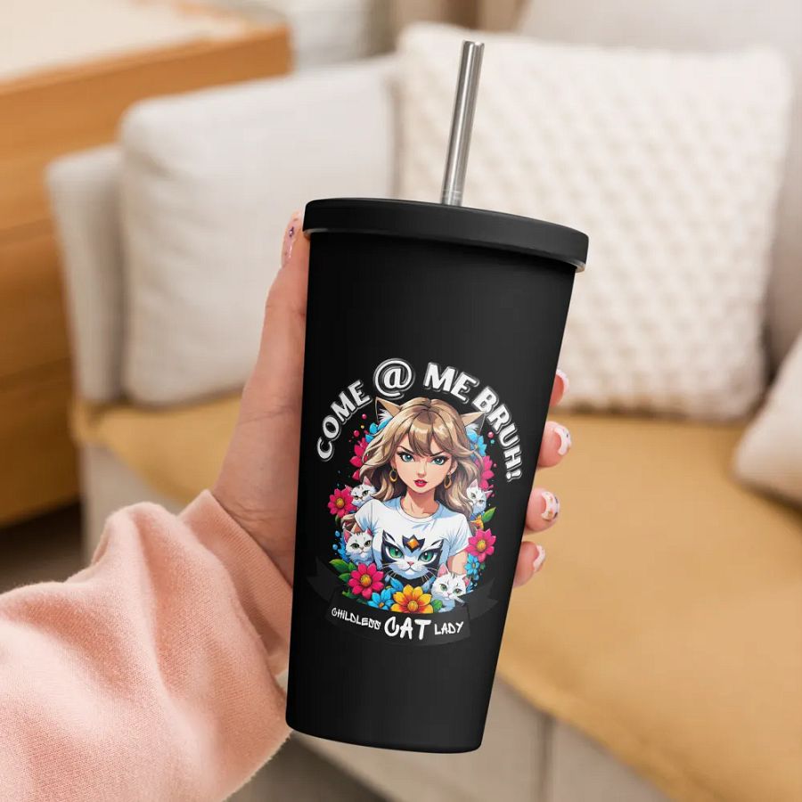 Childless Cat Lady 20 oz Tumbler Cup - Black - Insulated Tumbler with a Straw product image (3)