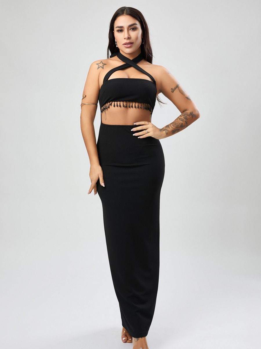 Wholesale high quality sexy stylish medium stretch beaded decor hollow maxi dress product image (1)