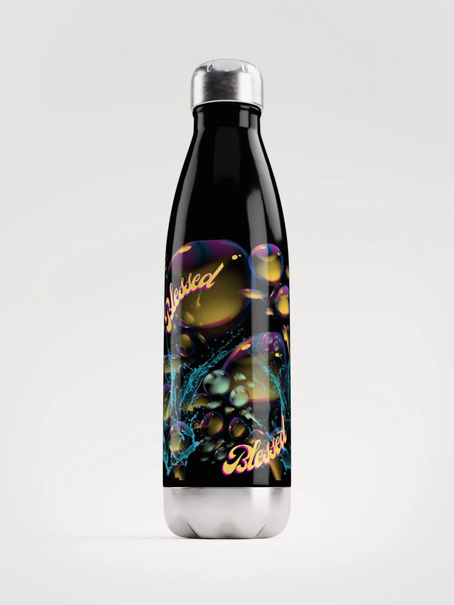 water bottle with beautiful swirly blue water splash and drops design featuring “Blessed’ product image (1)