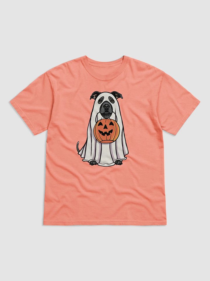 Funny Halloween Staffordshire Terrier(Blue) T-Shirt | Funny Staffy Wearing a Ghost Costume and Holding a Pumpkin Basket product image (1)