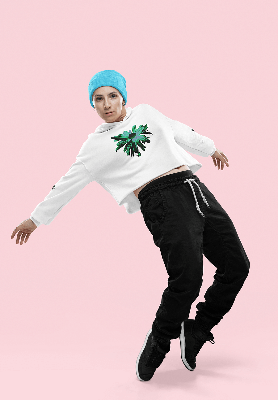 Abstract Green Floating Daisy Women's Cropped Fleece Pull Over Hoodie product image (4)