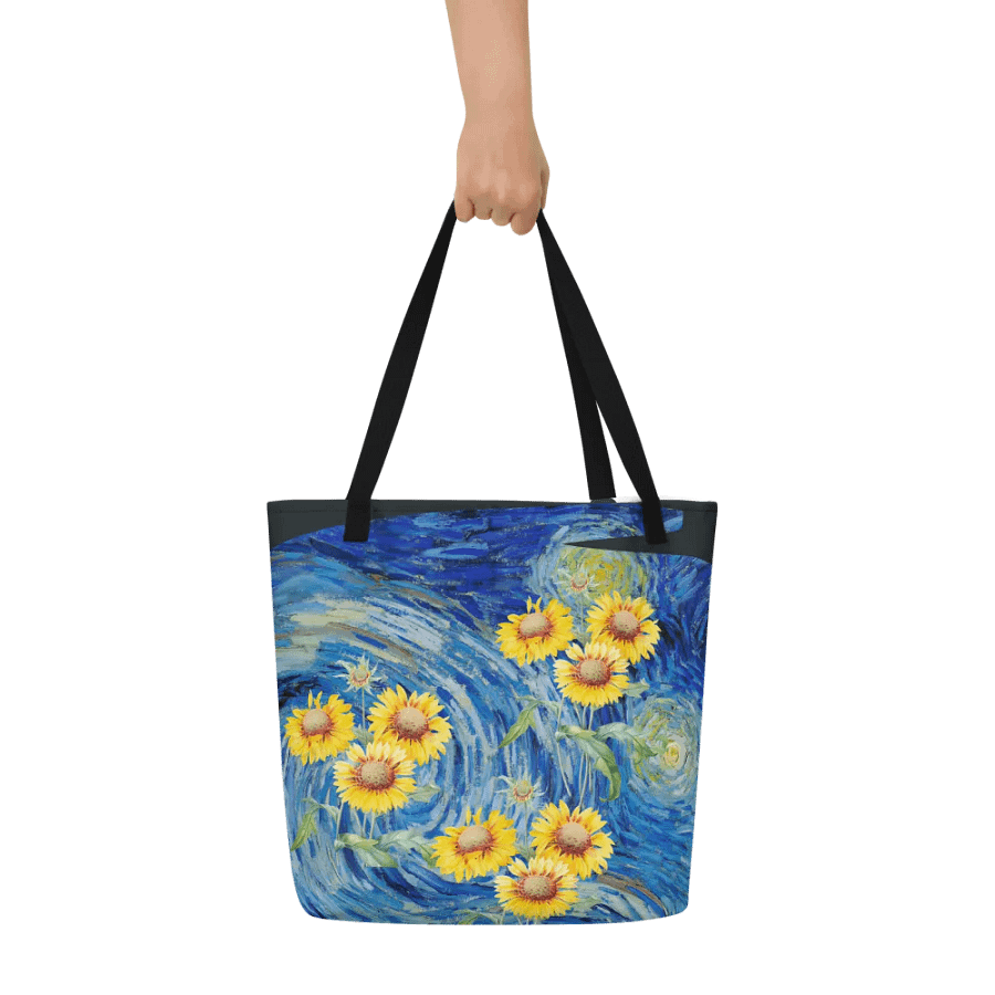 Big printed tote bag with Van Gogh inspired sunflowers and starry night  design product image (6)