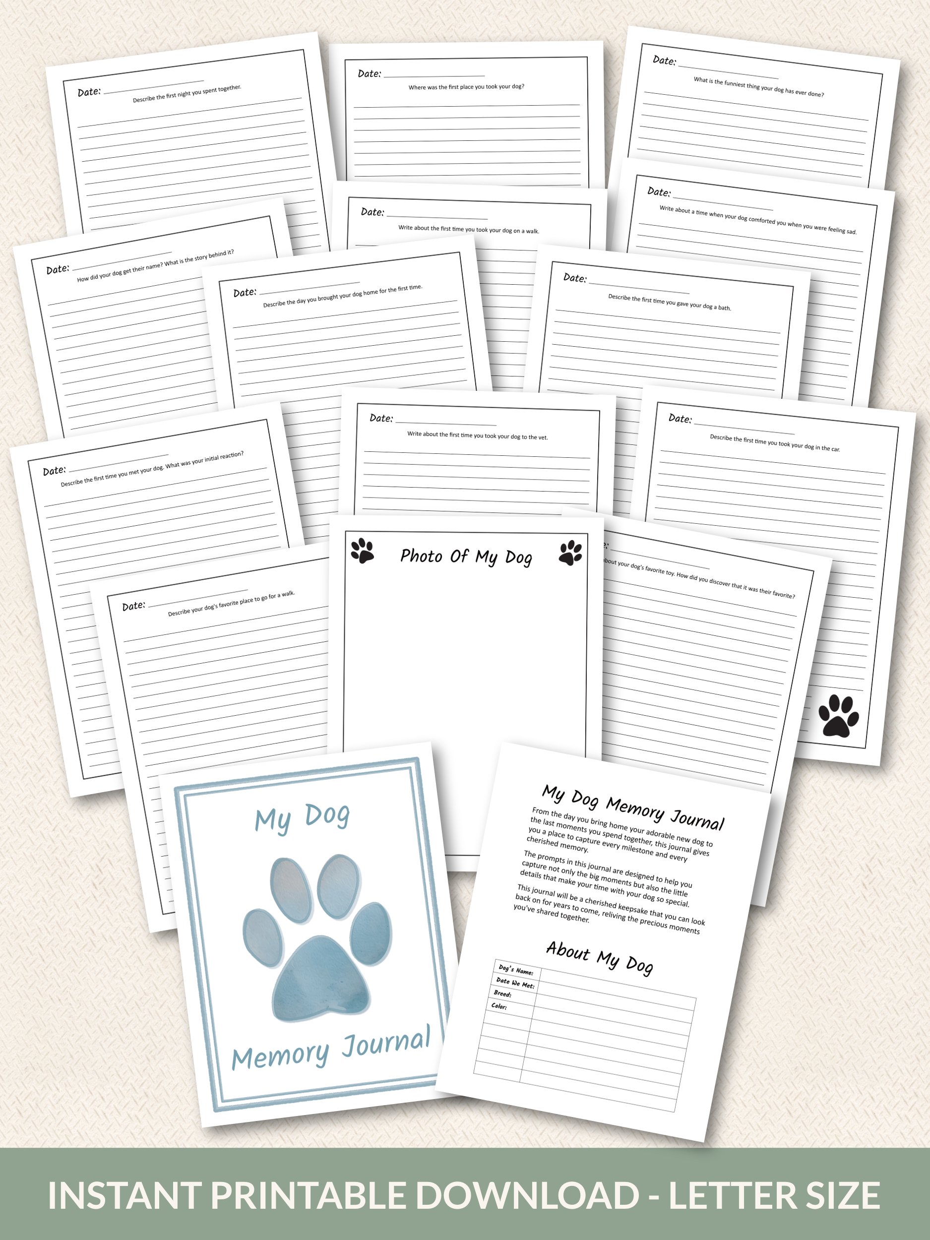 Printable Dog Memory Journal - Blue Watercolor Pawprint product image (2)