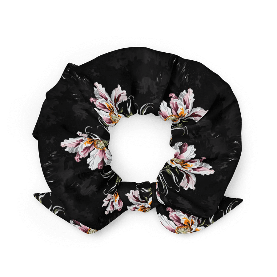 Hair Scrunchie - Painted Pink Flowers on a Black Background product image (3)