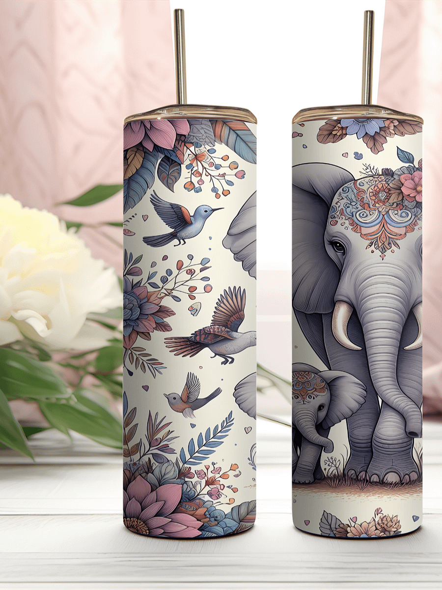 Floral Mother Elephant And Baby Stainless Steel Tumbler product image (1)
