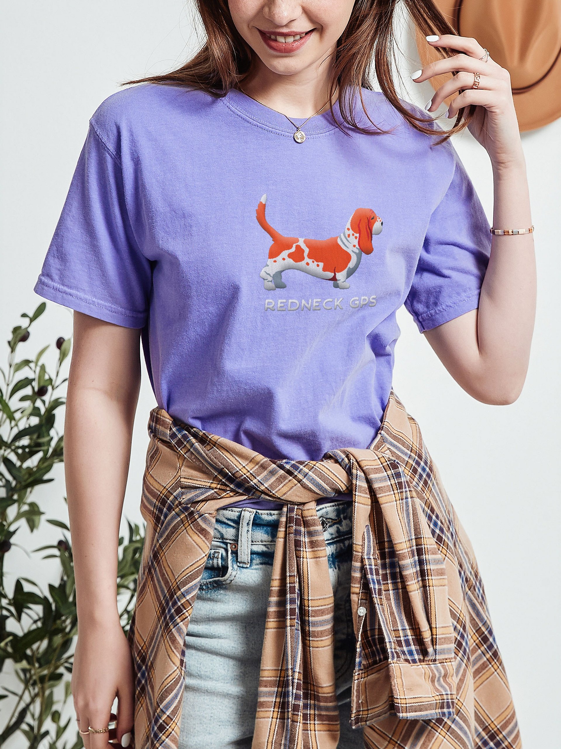 Redneck GPS T-Shirt(Embroidered) of a Basset Hound(Red & White) product image (2)