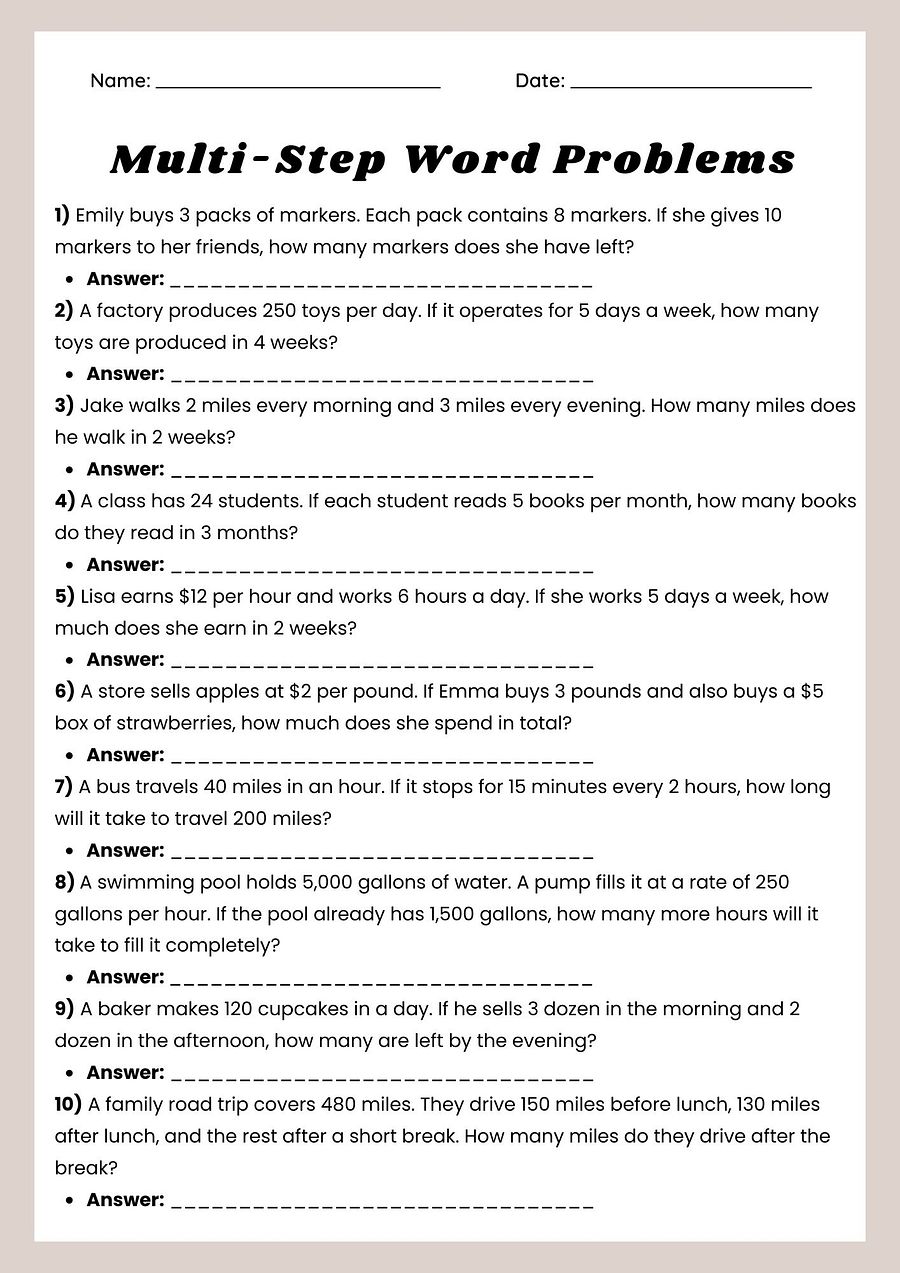 Multi-Step Word Problems Worksheet - Printable PDF product image (1)