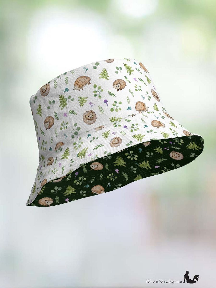 Hedgehogs Reversible Bucket Hat with Hedgehogs on White and Dark Green product image (12)