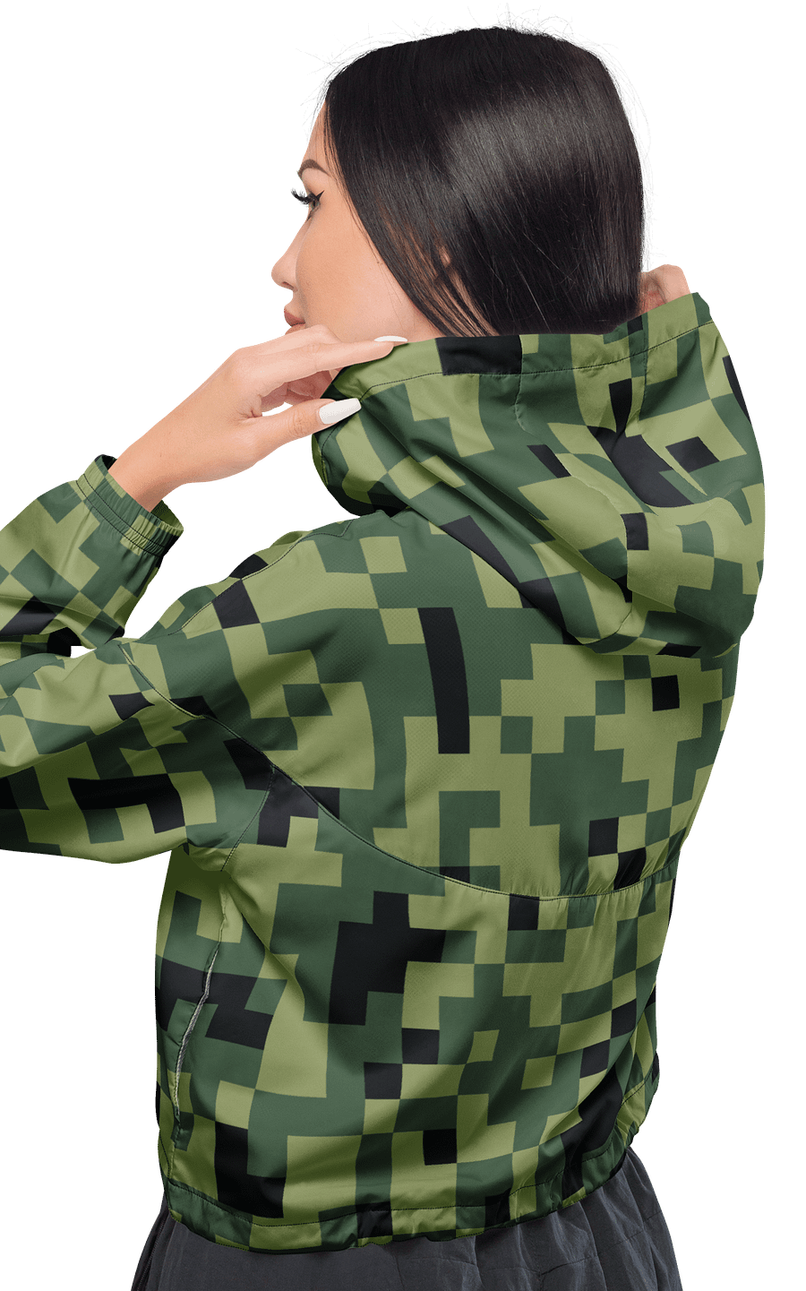 Military Green Camouflage Pixels Camo Pattern Women's Cropped Windbreaker product image (3)