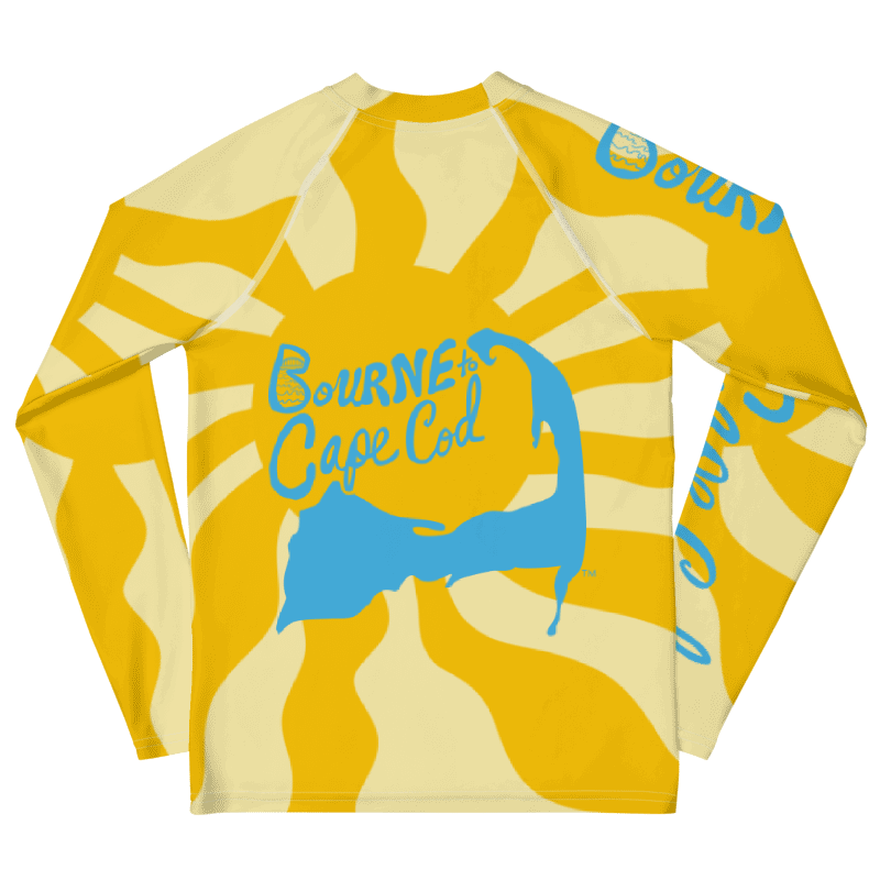 YOUTH | Rash Guard | BRN.2C.C.™ Front Graphic | BOURNE to Cape Cod™ Sleeve & Back Logo | Coastal Swim Shirt for Kids | UV Protection Activewear | Blue Logo | Wavy Sunshine product image (2)