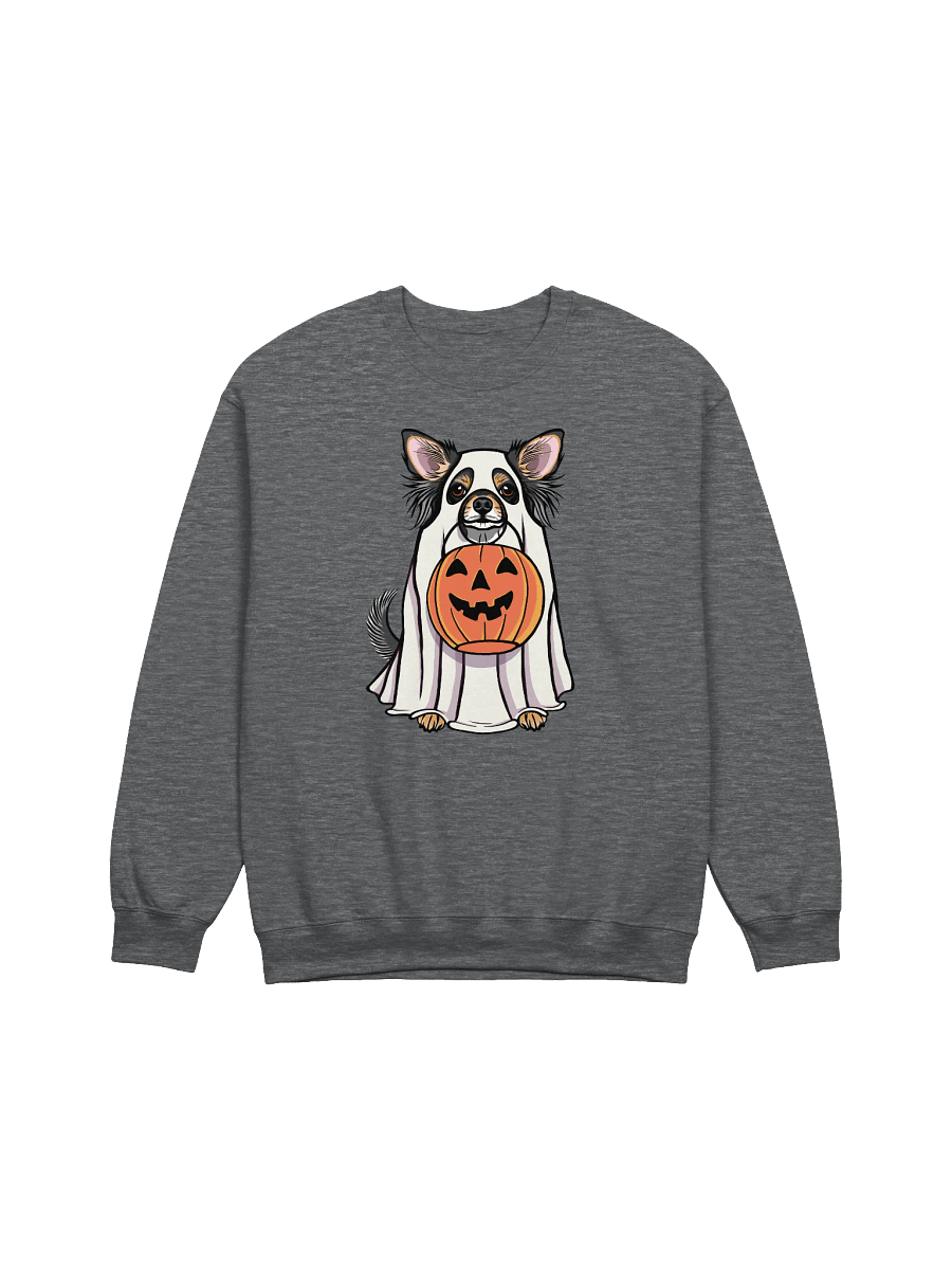 Funny Halloween Longhaired Chihuahua(Tricolor) Sweatshirt | Funny Chihuahua Wearing a Ghost Costume and Holding a Pumpkin Basket product image (3)