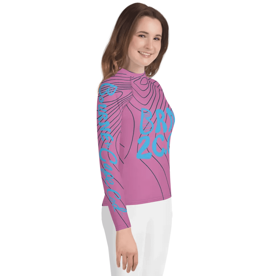 Girls' | YOUTH | Rash Guard | BRN.2C.C.™ Front Graphic | BOURNE to Cape Cod™ Sleeve & Back Logo | Coastal Swim Shirt for Kids | UV Protection Activewear | Blue Logo | Black Raspberry Pinstripe product image (4)