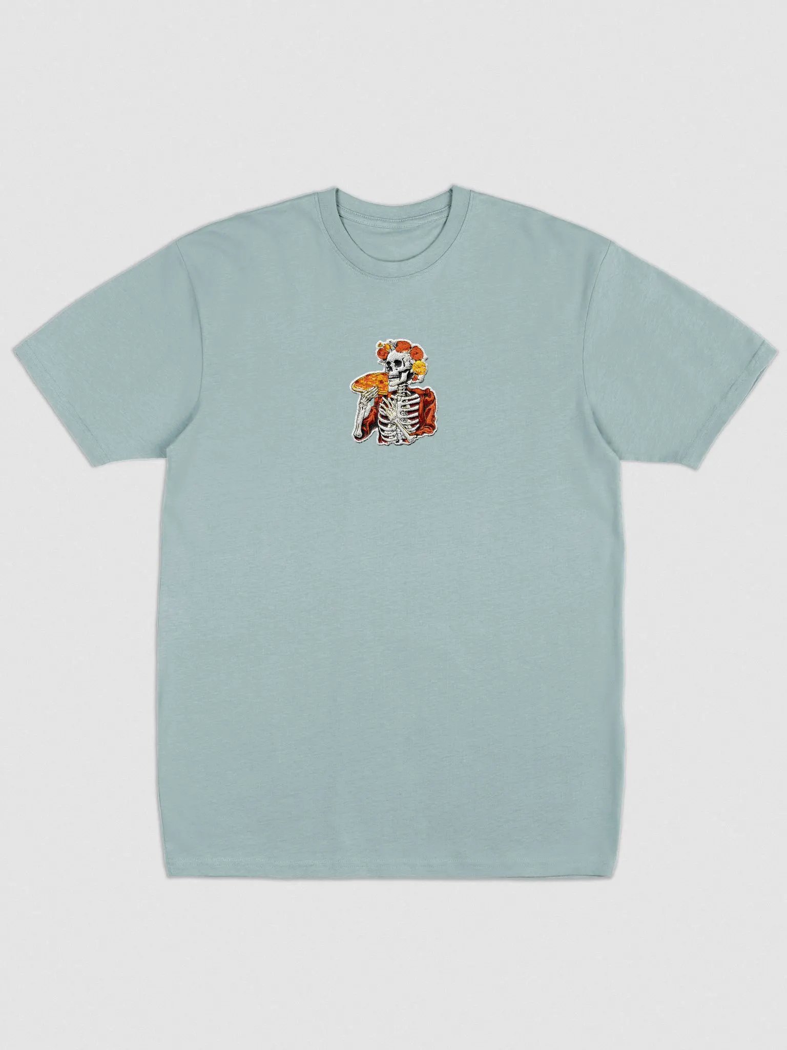 Floral Embroidered Elegance: Pizza-Loving Skeleton Tee product image (1)