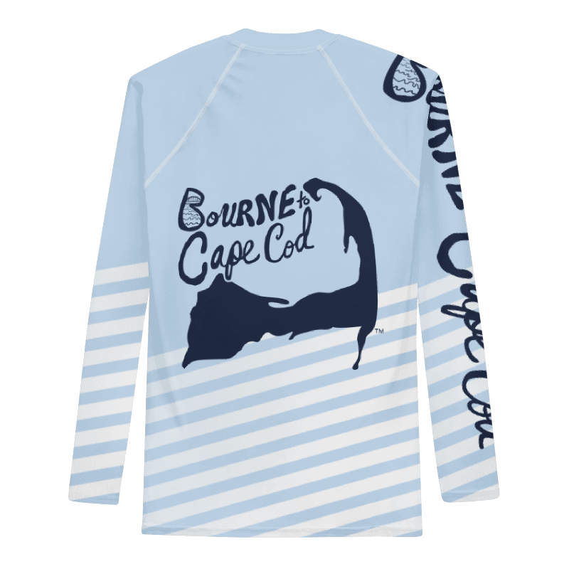 BRN.2C.C.™ /BOURNE to Cape Cod™ | Men’s Long Sleeve Rash Guard | UPF 50+ Active Coastal Shirt | Navy Blue Logos on Skyline Stirpes product image (8)