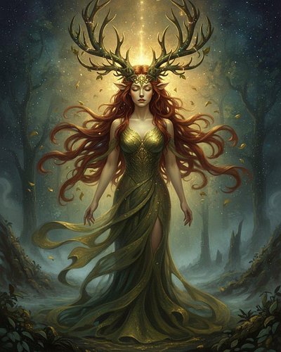 She walks where starlight meets the moss. In the hush of the ancient forest, she drifts—her gold and auburn hair glimmering l...