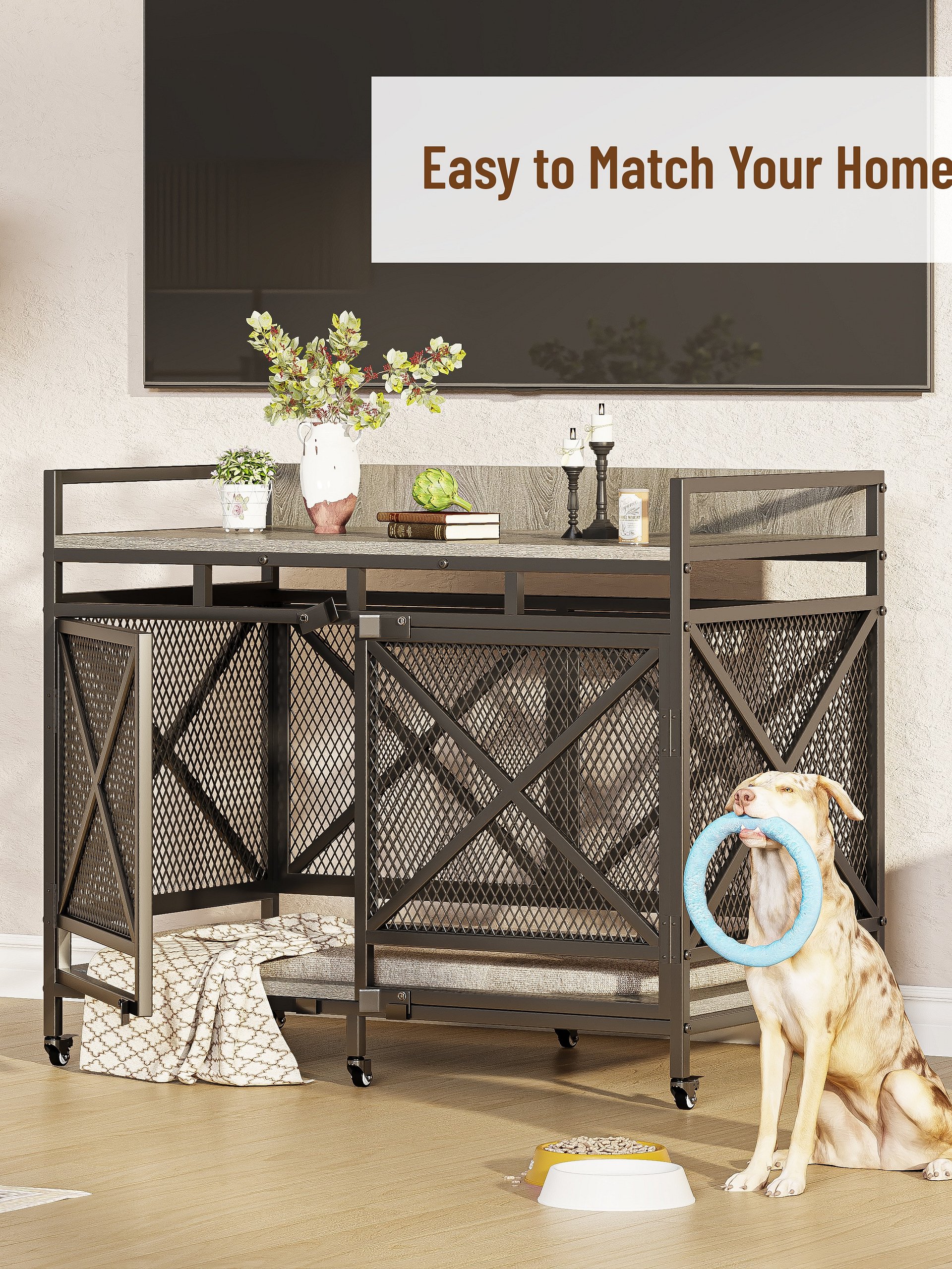 48 inch Dog Crate Furniture for Large Breeds (Up to 90 lb), Wooden & Steel, 360° Casters, Waterproof Top, Steel Lock,Textured Gray product image (9)