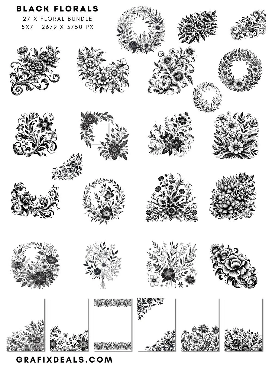 Black Line Art Florals for Commercial POD Use product image (1)