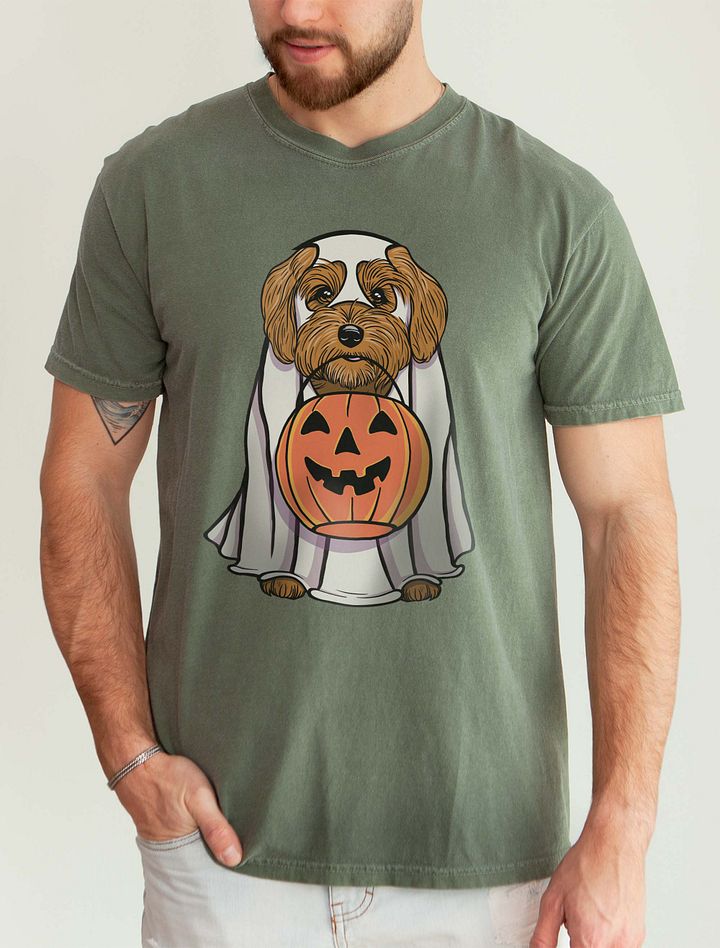 Funny Halloween Havanese T-Shirt | Funny Havanese Wearing a Ghost Costume and Holding a Pumpkin Basket product image (5)