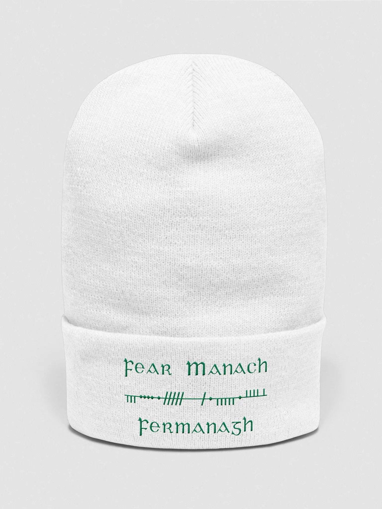 Fermanagh/Fear Manach, White with Green, Scholastic Style Ogham embroidered Cuffed Beanie product image (1)