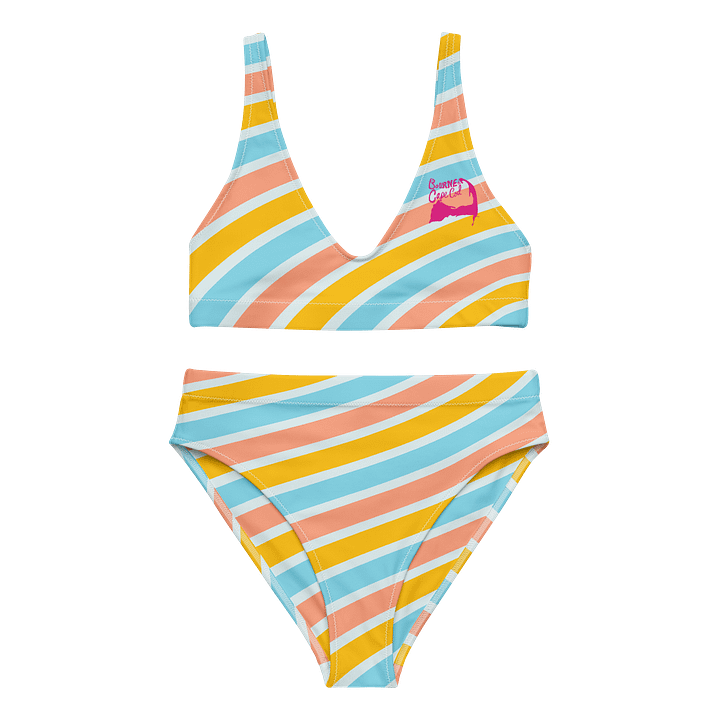 Women's High-Waisted | Recycled Bikini | BOURNE to Cape Cod™ | Pink Logos on Bright Stripes product image (2)