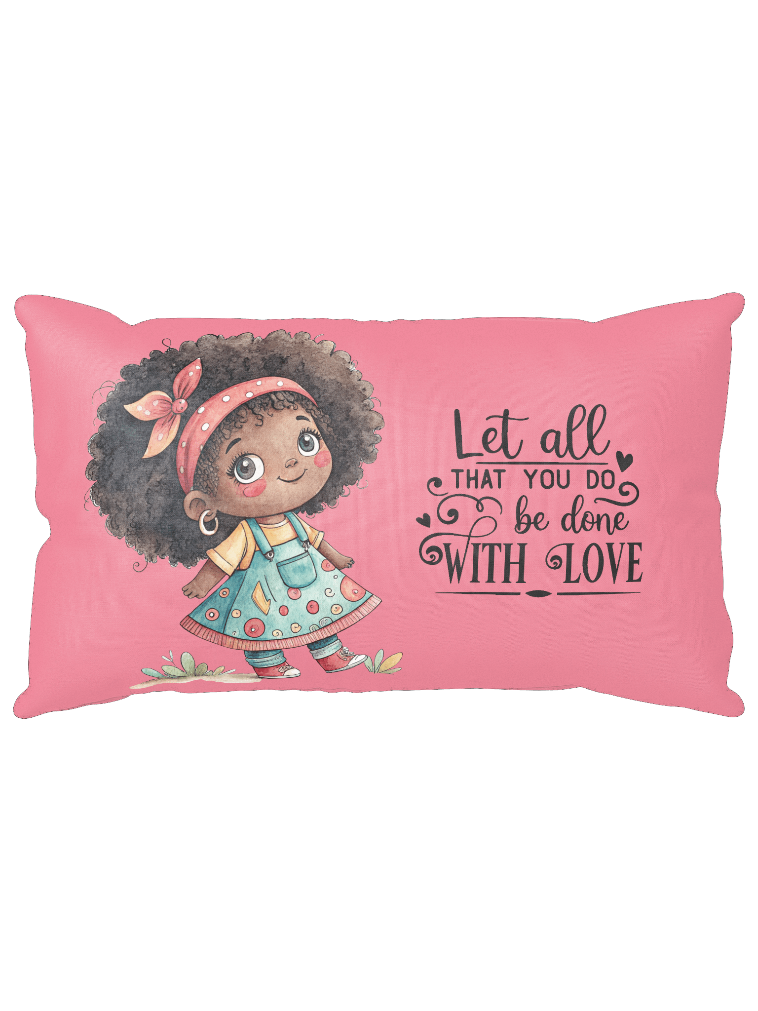 Pink Throw Pillow – “Let All That You Do Be Done With Love” | Cute Afro Girl Illustration | Inspirational Home Décor product image (1)