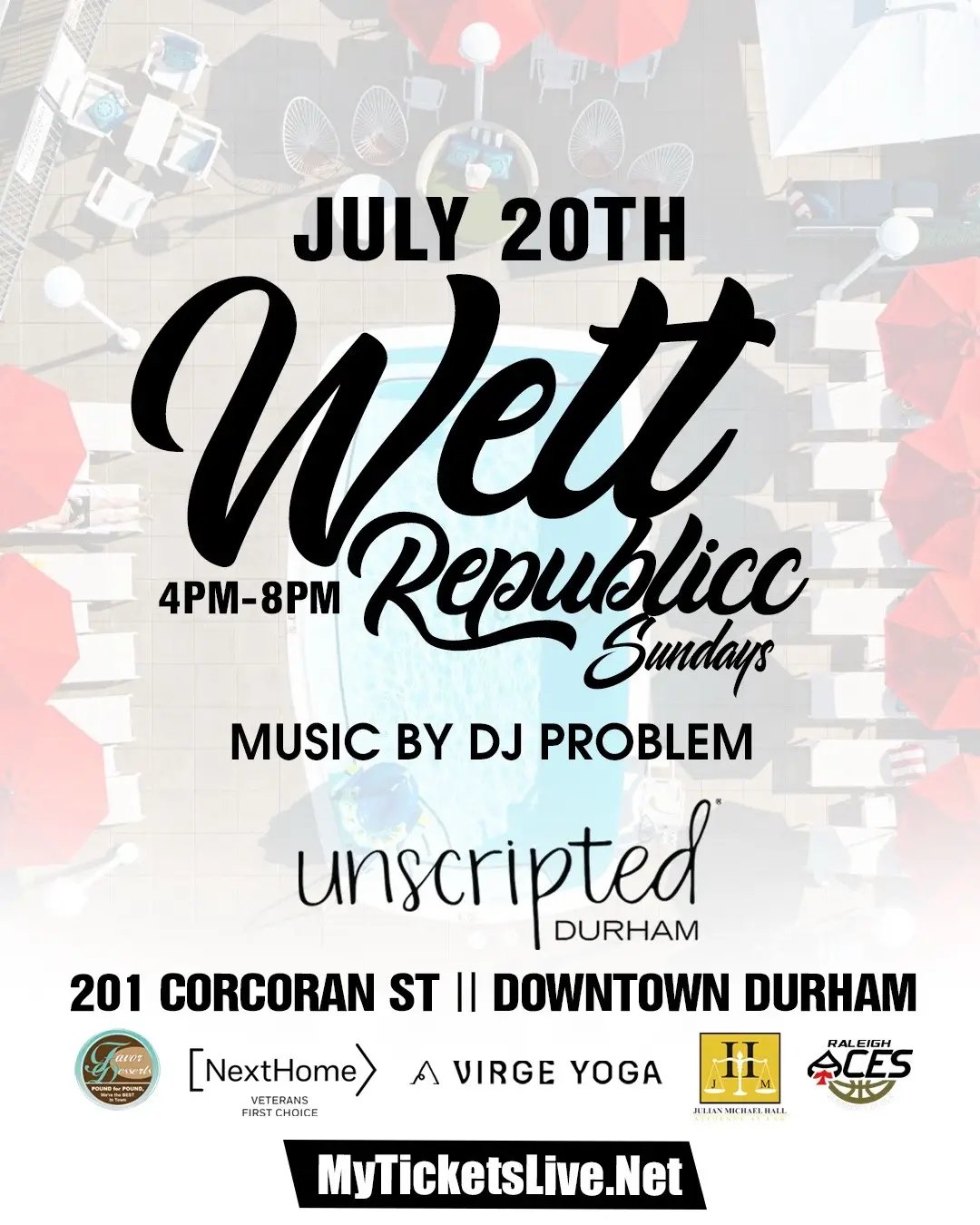 TODAY DURHAM‼️ The rooftop turns into a full vibe at WETT REPUBLICC Sundays 💦☀️ Poolside energy, cocktails, and DJ PROBLEM on the sounds! Hosted by @iambriandawson  🗓️ July 20th | 4PM–8PM 📍 @UnscriptedDurham | 201 Corcoran St 🎟️ Grab your spot: MyTicketsLive.Net Pull up in swimwear or come chill—either way, don’t miss this rooftop takeover! 🔥 #WettRepublicc #DurhamEvents #RooftopVibes #PoolPartyVibes #DJProblem #UnscriptedDurham #NCEvents #DurhamNC #DayPartyVibes #MyTicketsLive #DowntownDurham #SummerVibes #NorthCarolinaTurnUp