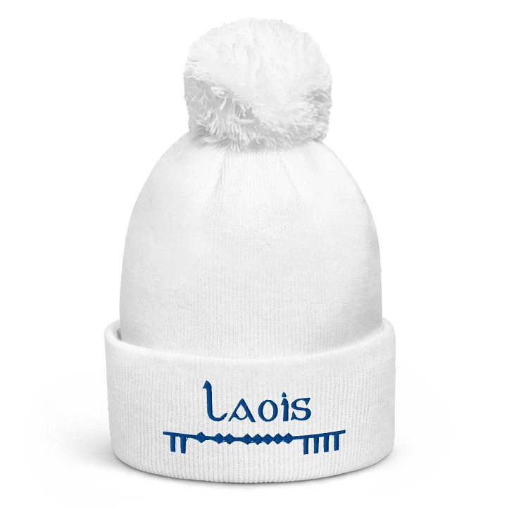 Laois Scholastic style Ogham, white with blue, embroidered Pom-Pom Beanie product image (1)