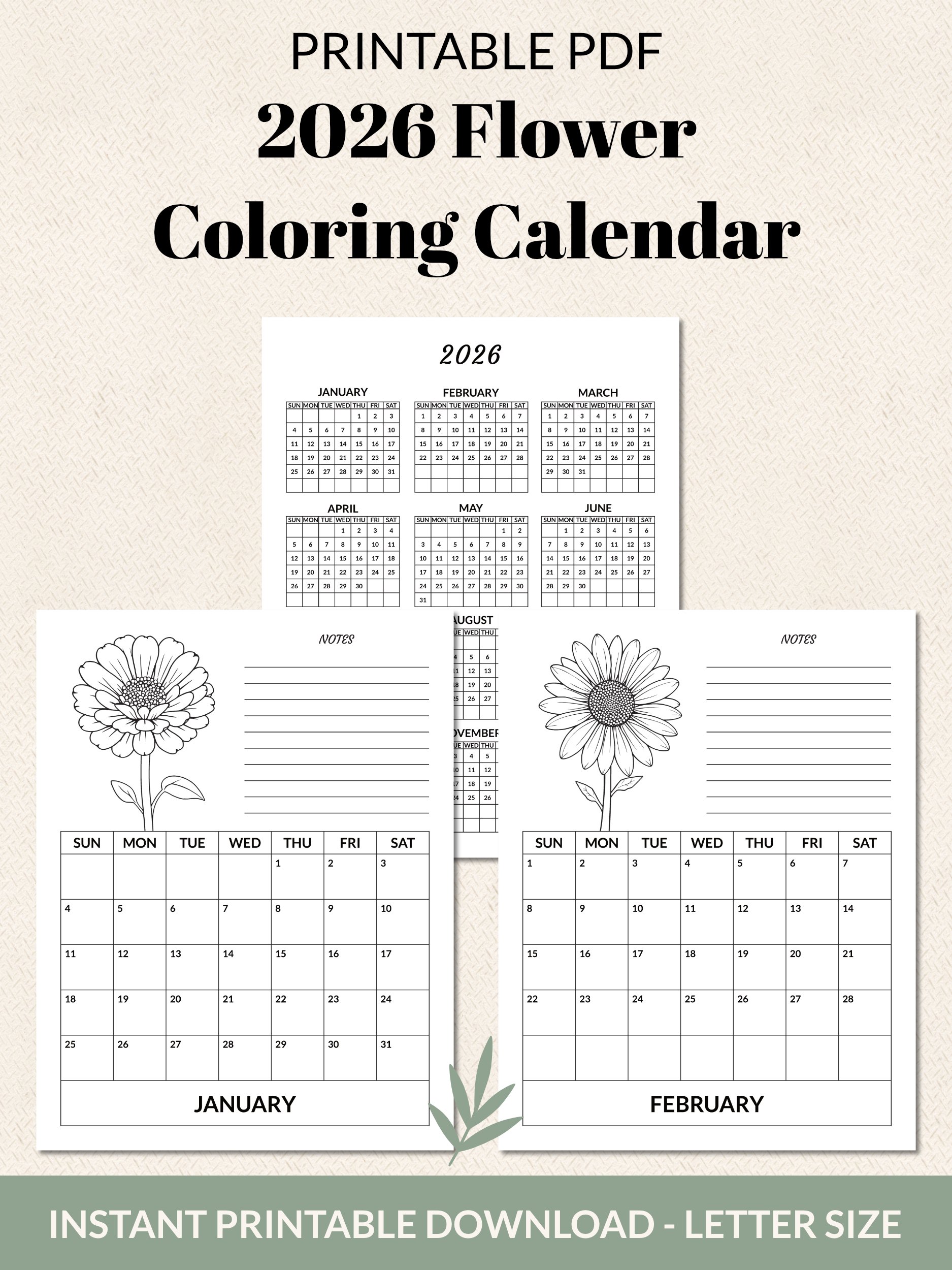 Printable 2026 Flower Coloring Calendar product image (2)