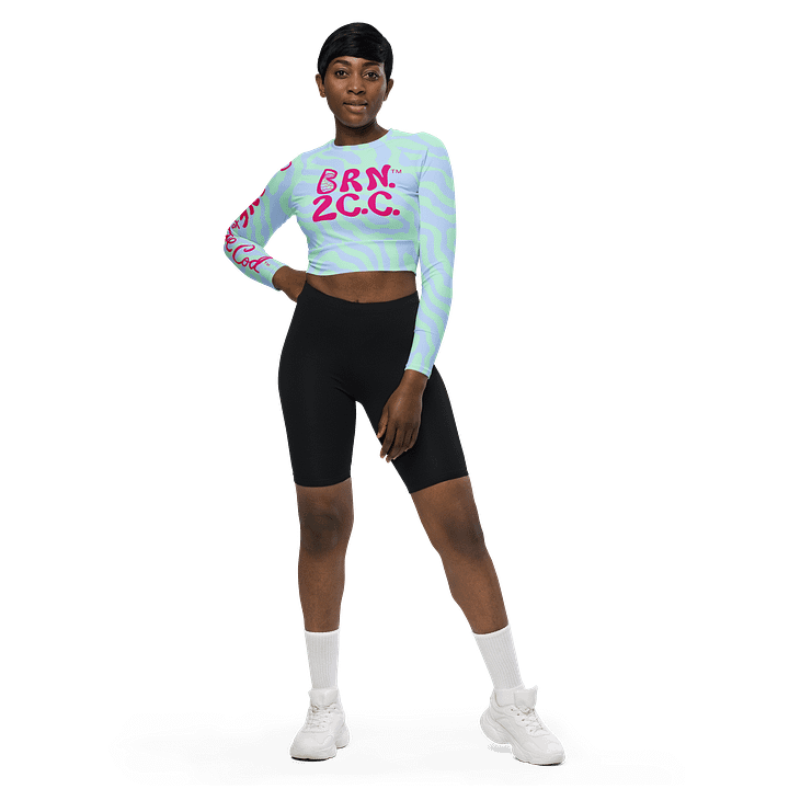 BOURNE to Cape Cod™ Crop Top | BRN.2C.C.™ Coastal Bold | Recycled Long Sleeve Statement Wear 🌊💃☀️ | Vibrant Pink Logos on Pastel Zebra product image (1)
