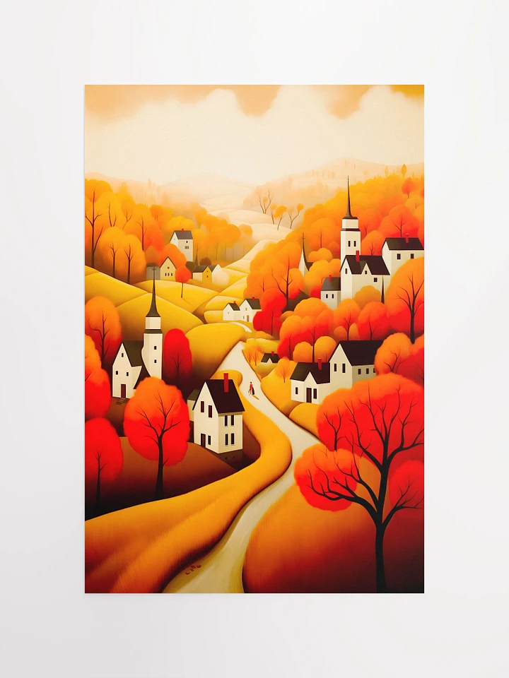 Autumn Season in a Quaint Village with Trees Fall Leaves Illustration Matte Poster product image (2)