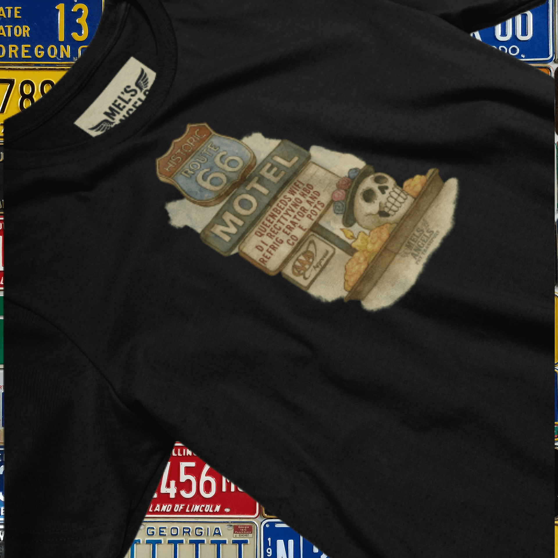 Route 66 Motel Skull T-Shirt – Vintage Día de los Muertos Inspired Graphic Tee | Bella Canvas Unisex product image (4)