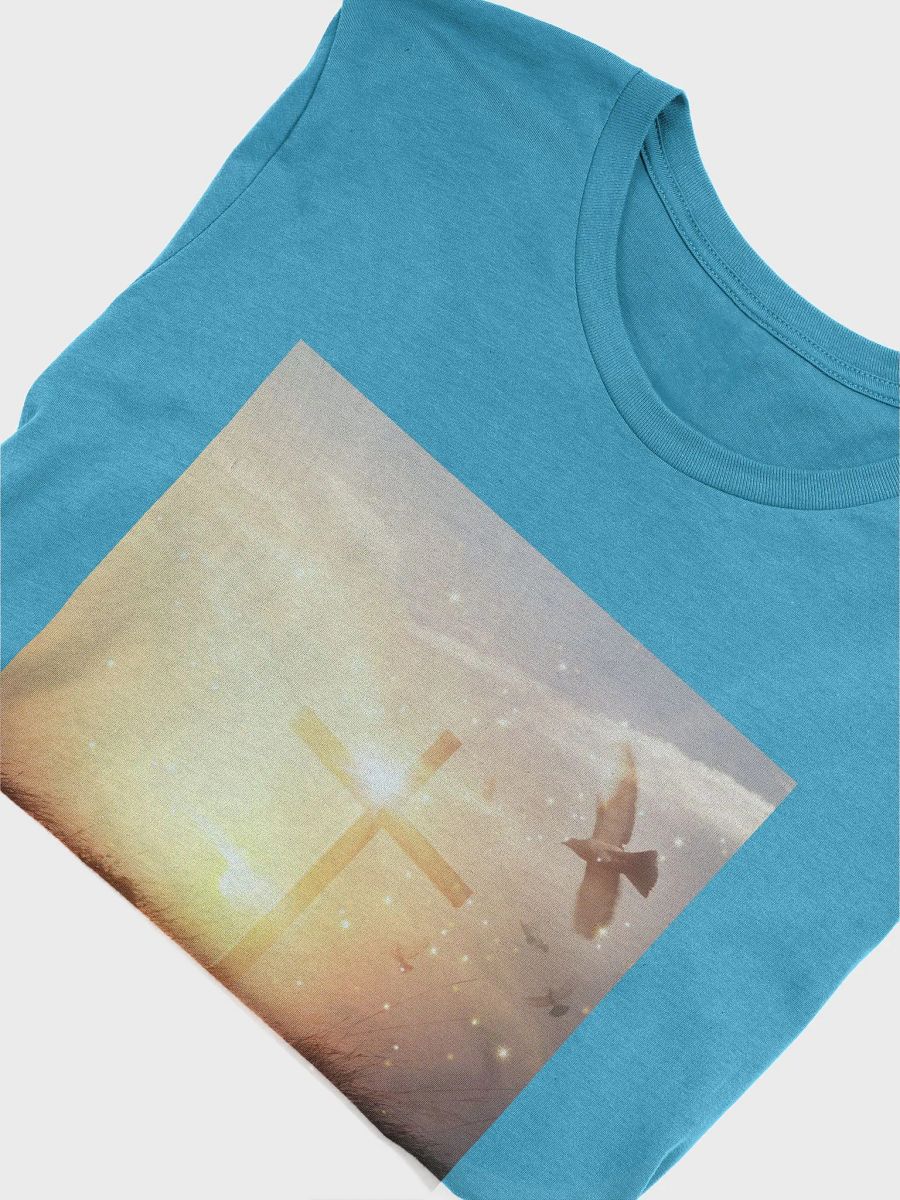 Radiant cross illuminated by a bright, golden light, set against a soft & glowing sunrise background & doves t-shirt product image (9)