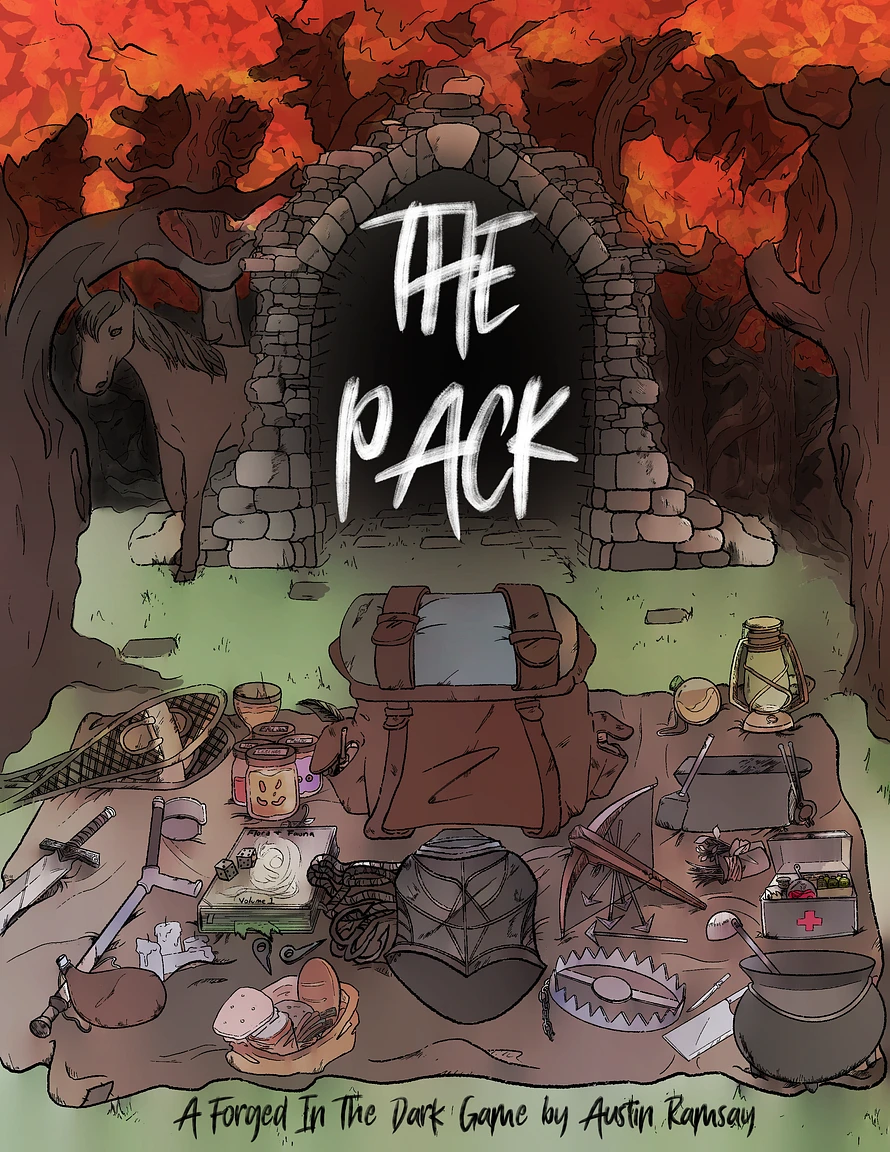A cover image for Austin Ramsay's game: The Pack,a Forge in the Dark Game. On the cover we see miscellaneous pieces of gaer laid out on what looks like a blanket in the woods, in front of a ruined stone portal..