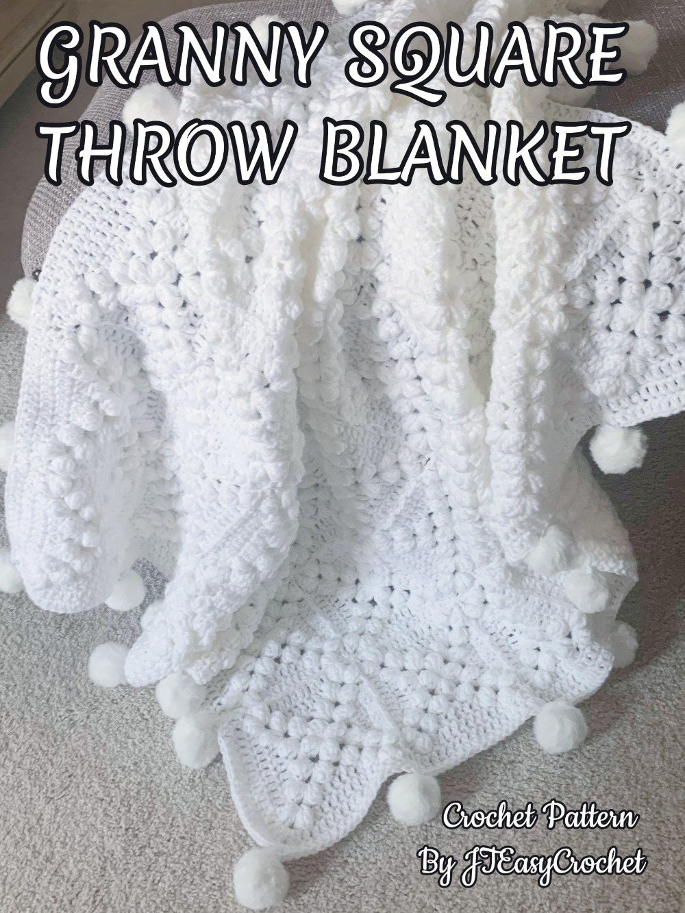 Granny Square Blanket With Poms, Easy Crochet Pattern & VIDEO, Textured Crochet Throw Home Decor, Baby Gift product image (9)