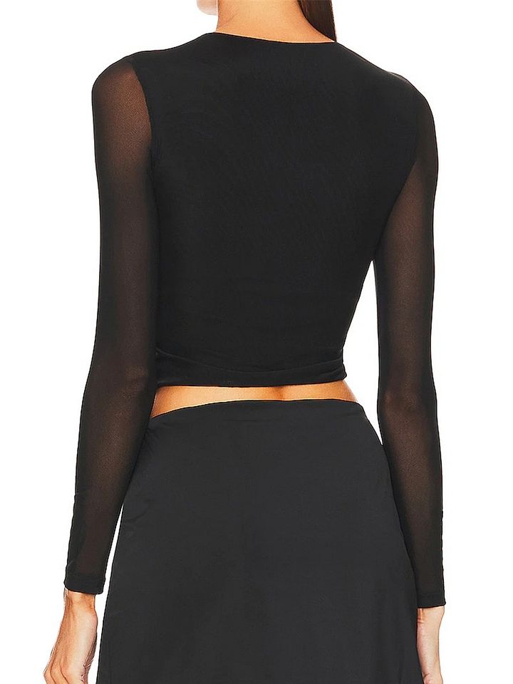 Wholesale high quality sexy slight stretch mesh stitching button hollow out crop top product image (2)