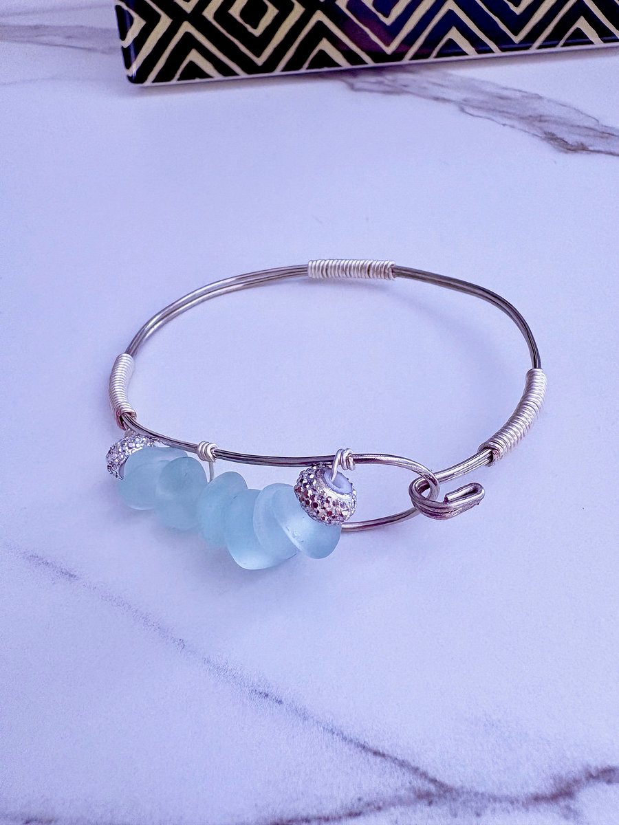 Seafoam Pebble Tide Bracelet | Wire-Wrapped Sea Glass | Handmade 7.75" Coastal Charm by Monique Faella Designs™ | MFD-00200 product image (2)