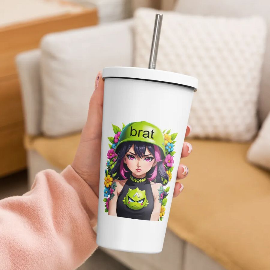 Brat 20 oz Tumbler Cup - White - Insulated Tumbler with a Straw v6 product image (3)