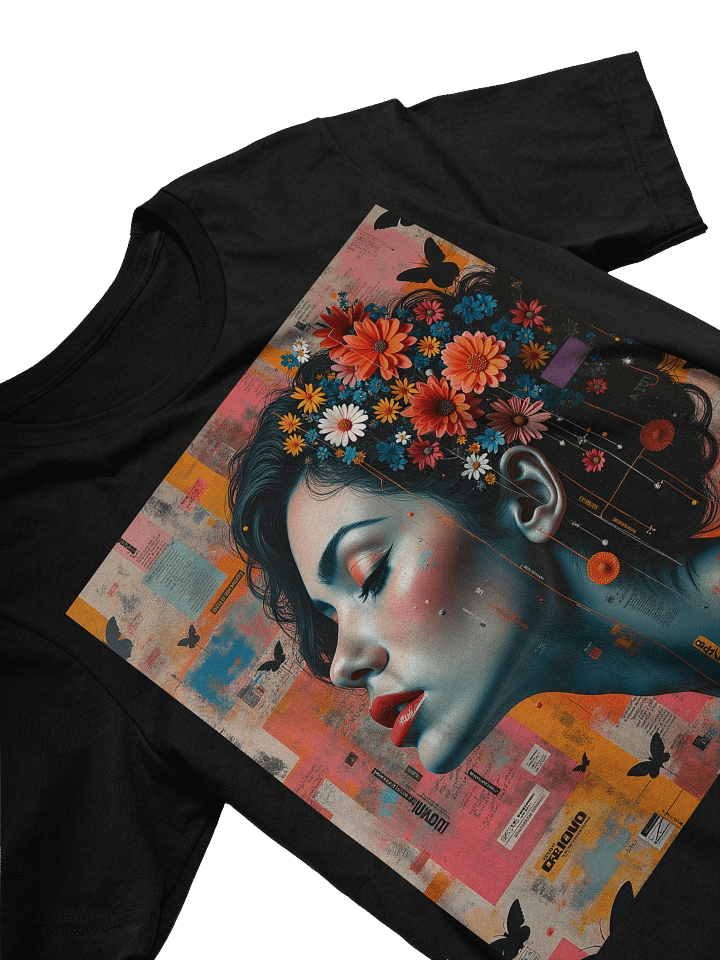 Modern Surreal Portrait T-Shirt with Floral Crown and Butterflies product image (2)
