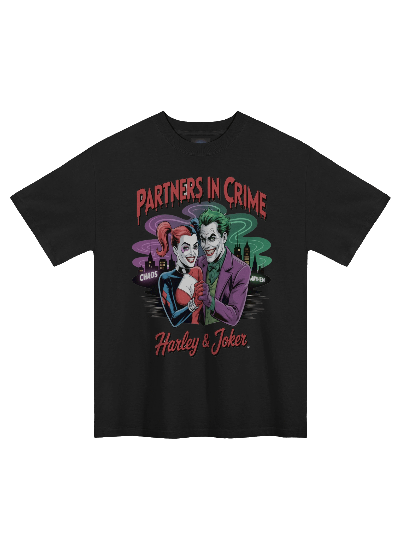 Partners in Crime: Harley Quinn & Joker Shadowed Shenanigans Oversized Faded Unisex T-Shirt product image (3)