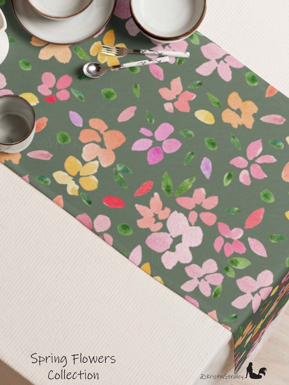 Spring Flowers on Olive Green Table Runner product image (4)
