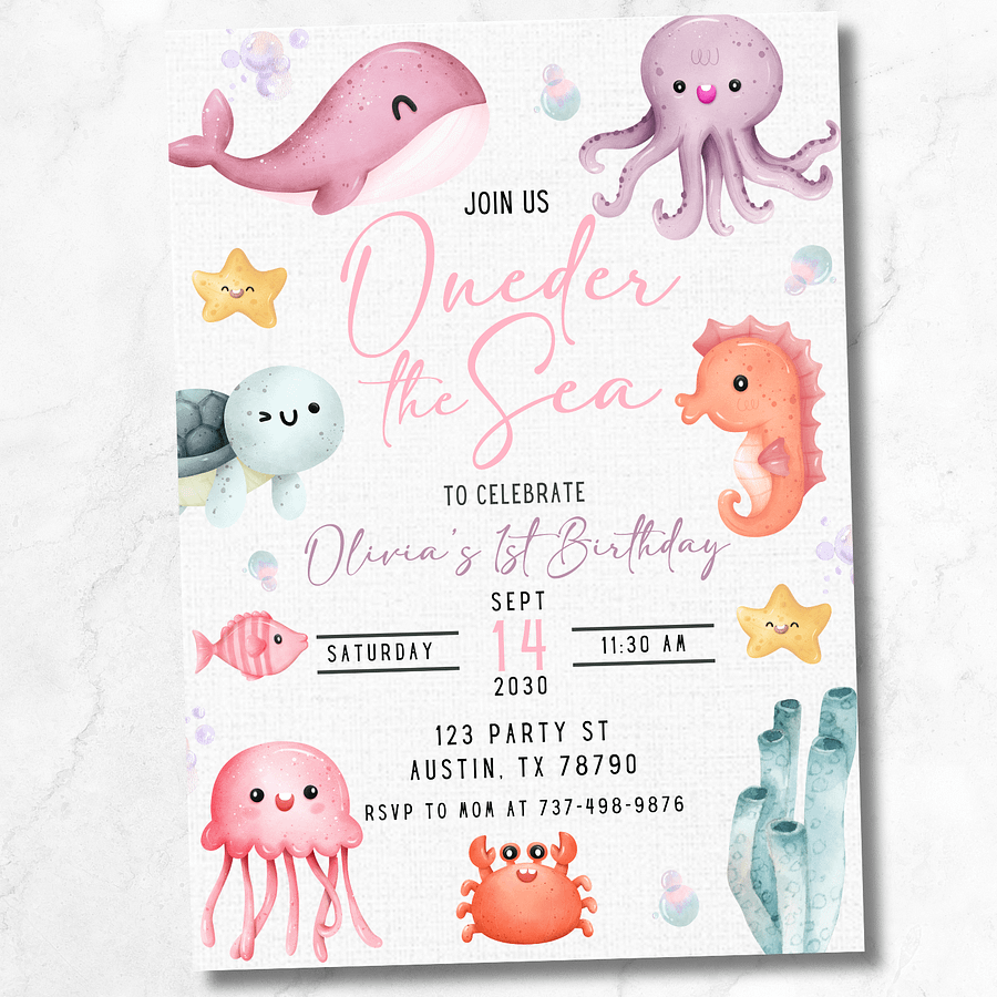 Oneder the Sea Birthday Invitation | Girl 1st Birthday Party Under the Sea | Editable Canva Template | Ocean Mermaid Sea Animals Theme product image (7)