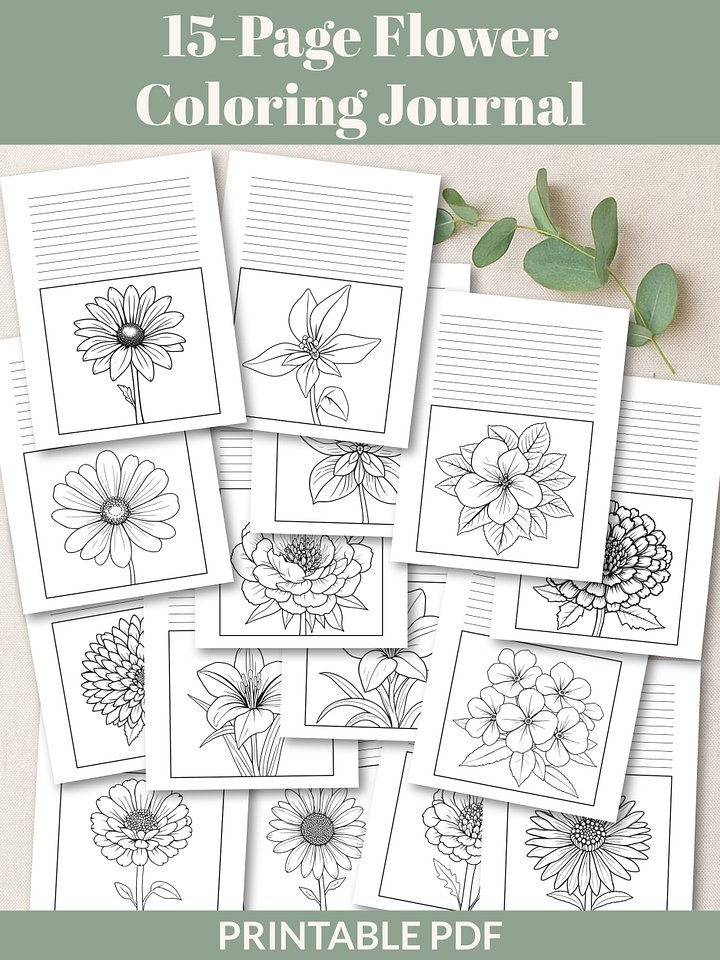 Printable 15-Page Flower Coloring Journal product image (1)