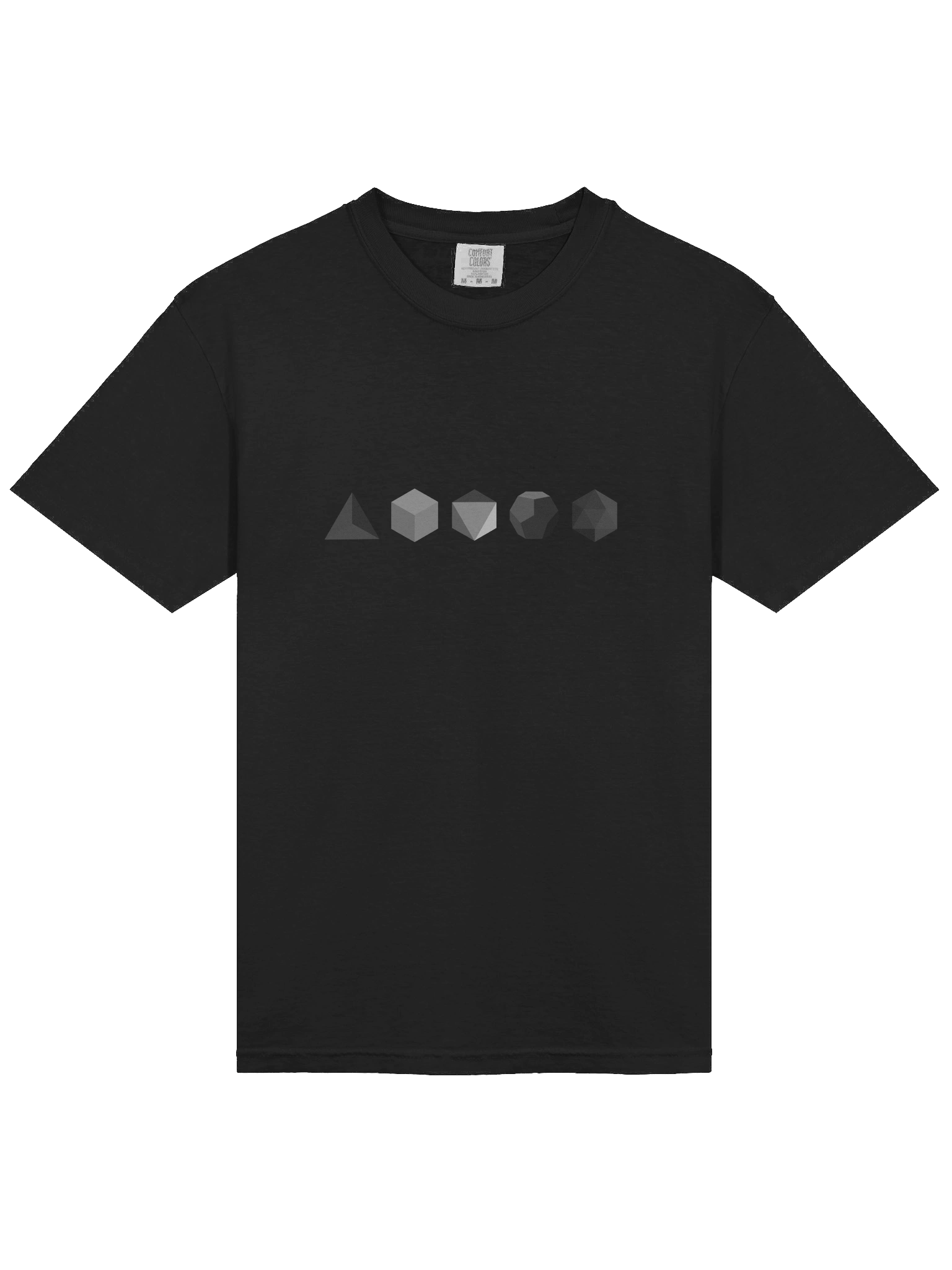 Minimalist geometry meets timeless style in this sleek black t-shirt, featuring the 5 Platonic Solids in solid grey product image (3)