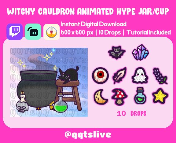 ANIMATED WITCH CAULDRON Twitch Hype Jar - Stream Tip Cup + Sub Badges / Jar - 2 Layers - 10 Bit Options - Set Up Tutorial Included product image (1)