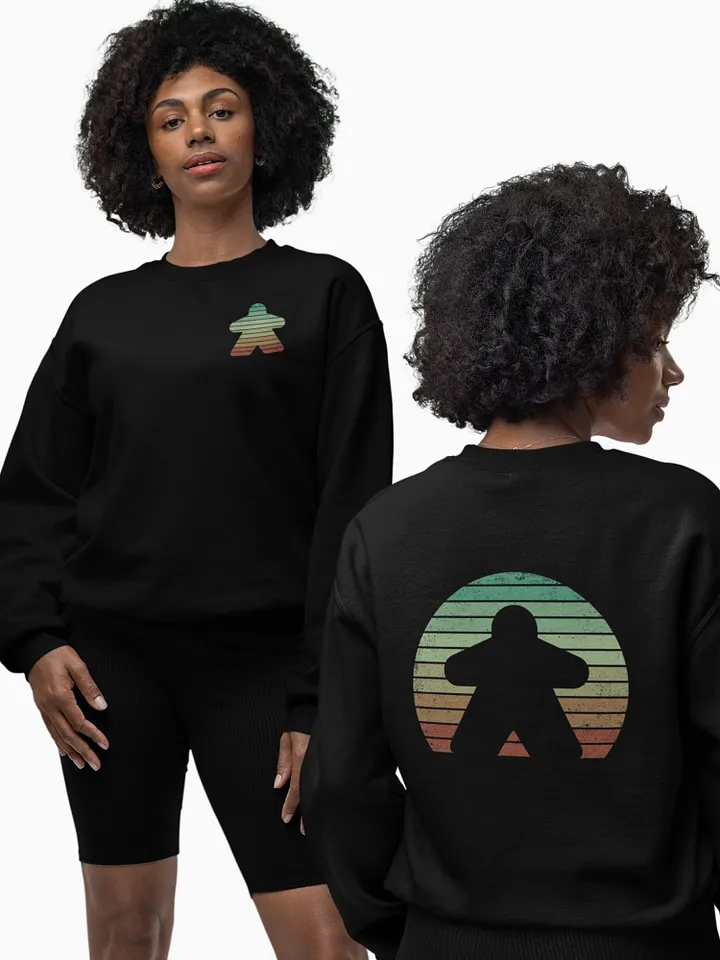 Retro Sunset Meeple Sweatshirt for Board Gamers - Black product image (1)