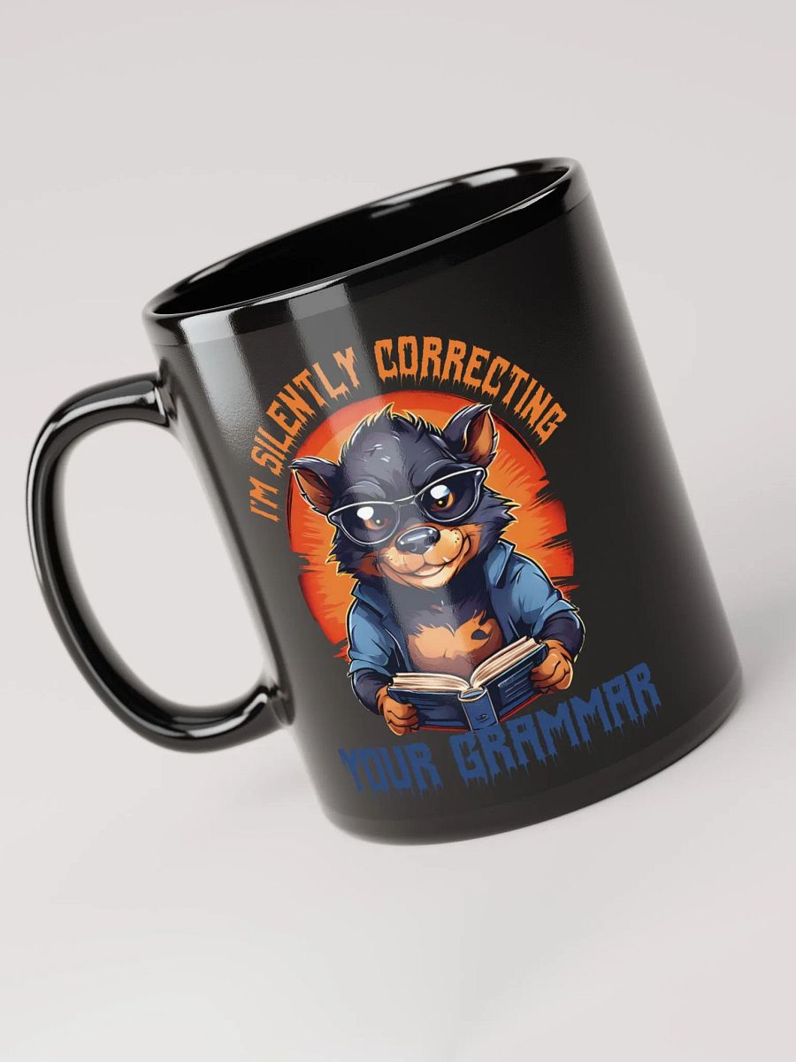 I'm Silently Correcting Your Grammar – Funny Teacher Gift Black Glossy Mug Printed on Both Sides | Quirky Tasmanian Devil Design | Perfect for Grammar Enthusiasts product image (3)