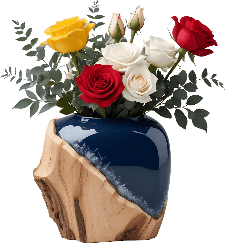 Eternal Charm – Wooden Elegance Vase with Roses PNG product image (1)