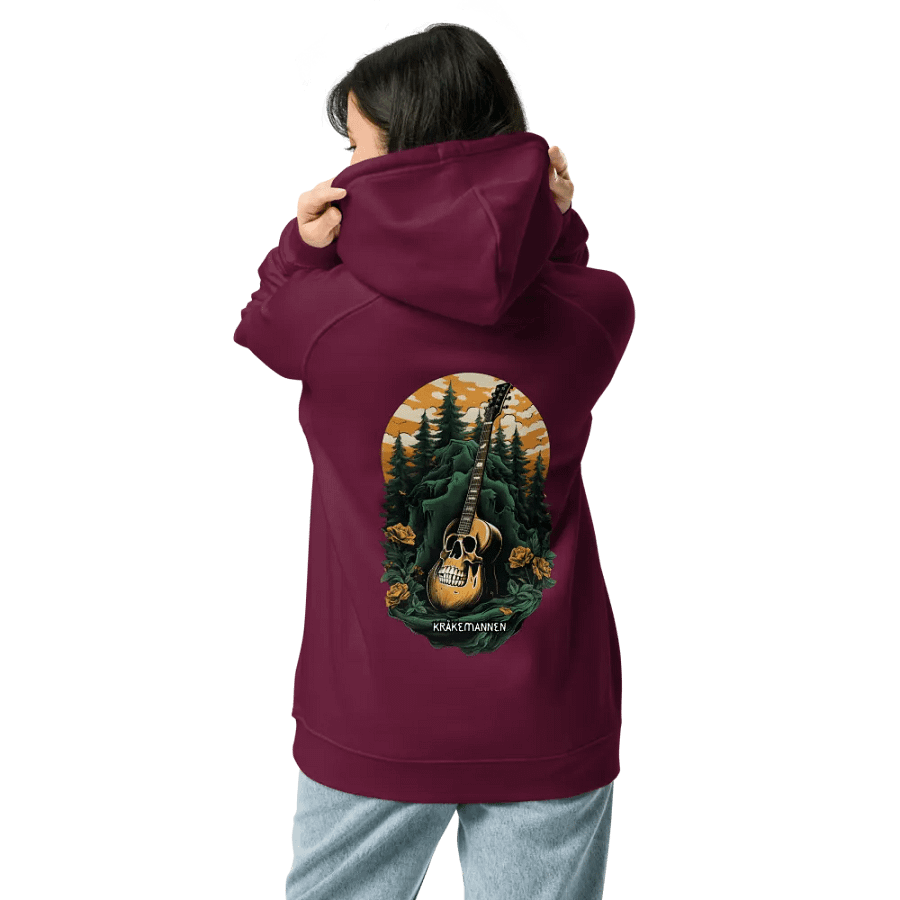 Unisex Eco Raglan Hoodie 🌲 Dark green spruce forest with a skull-shaped guitar product image (10)