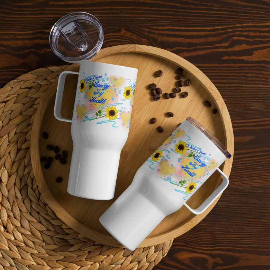 Travel mug with handle with beautiful sunflowerr water drops featuring ' This water gives Harmony in Body and Mind