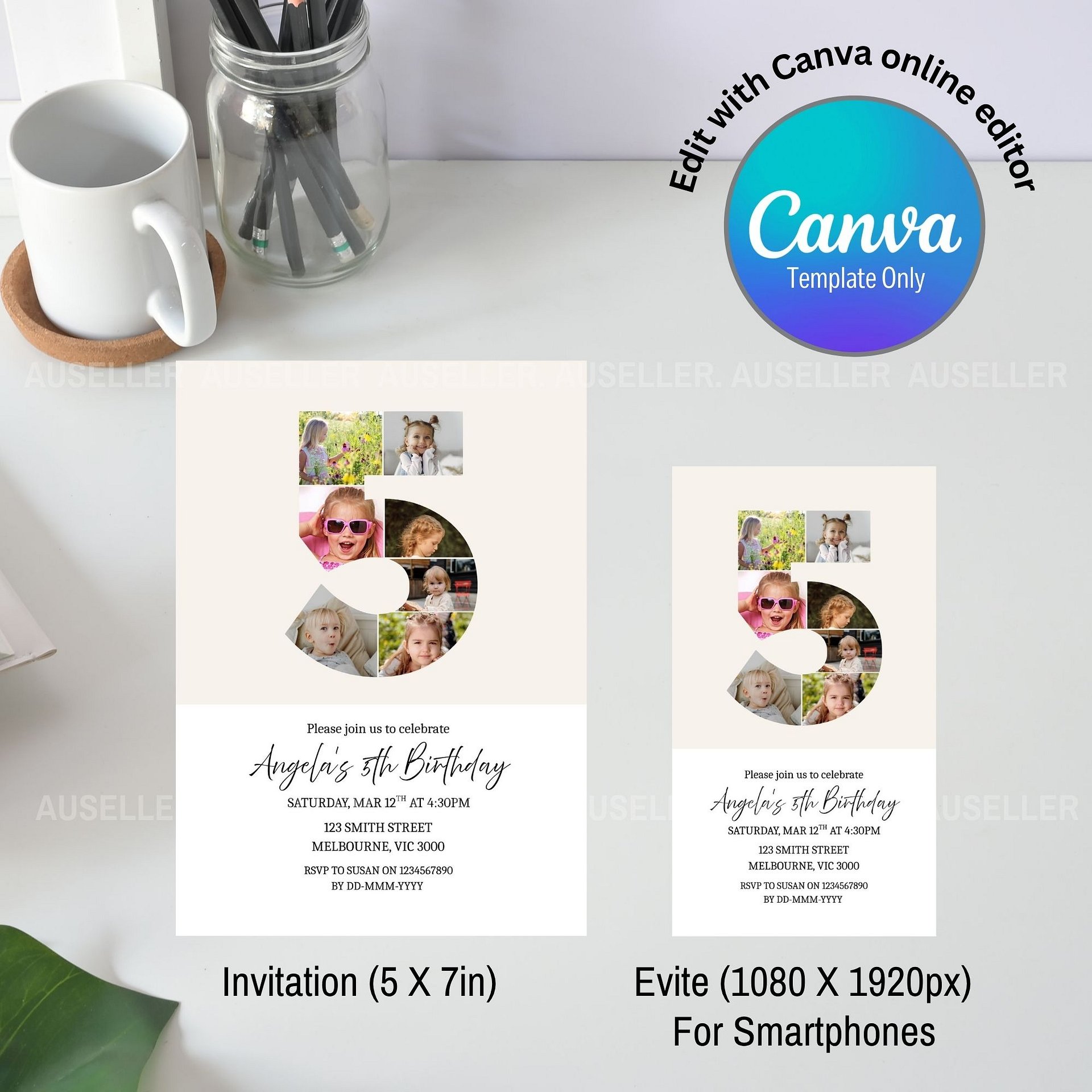 5th Birthday Photo Collage Editable Invitation Template product image (4)